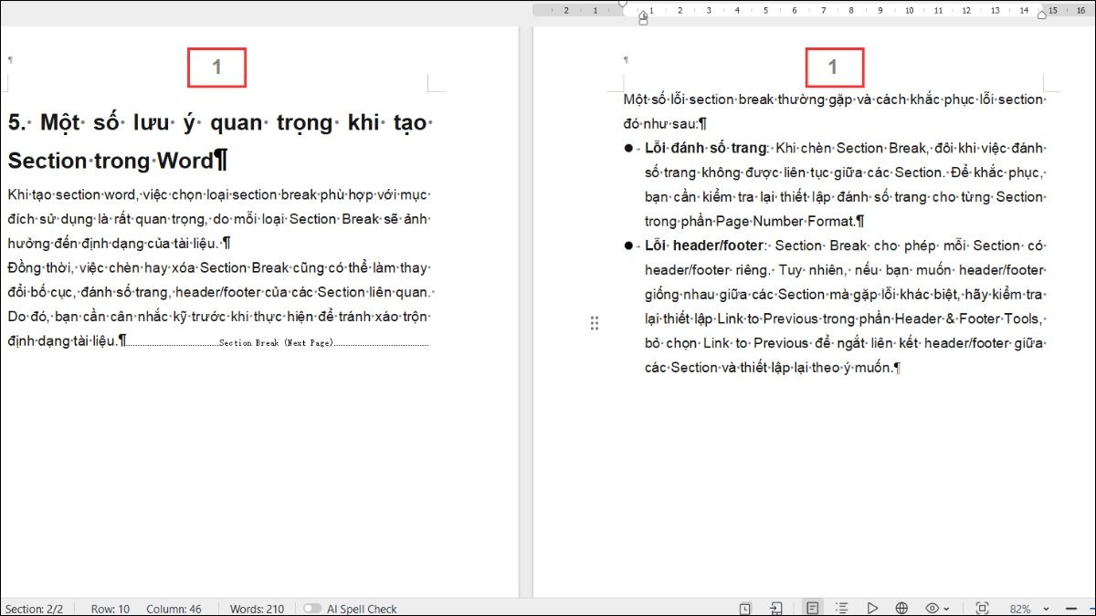 Một số lỗi và lưu ý quan trọng khi tạo Section trong Word.