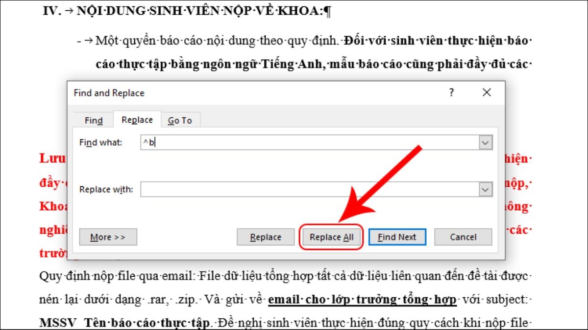 Bấm Replace All, tất cả section trong tài liệu Word sẽ được xóa.