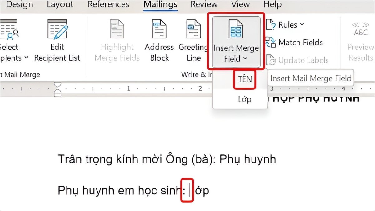 Tại vị trí cần chèn thông tin, chọn Insert Merge Field