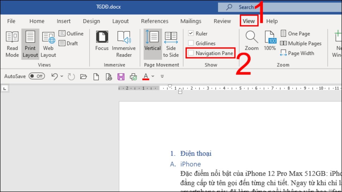 Sử dụng tính năng Navigation Pane