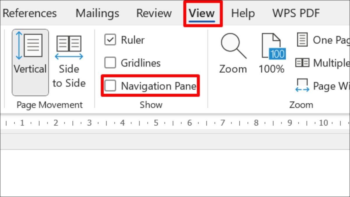 Chọn View và tích chọn Navigation Pane