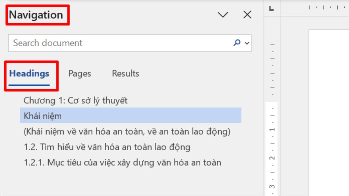 Chọn Headings trong khung Navigation