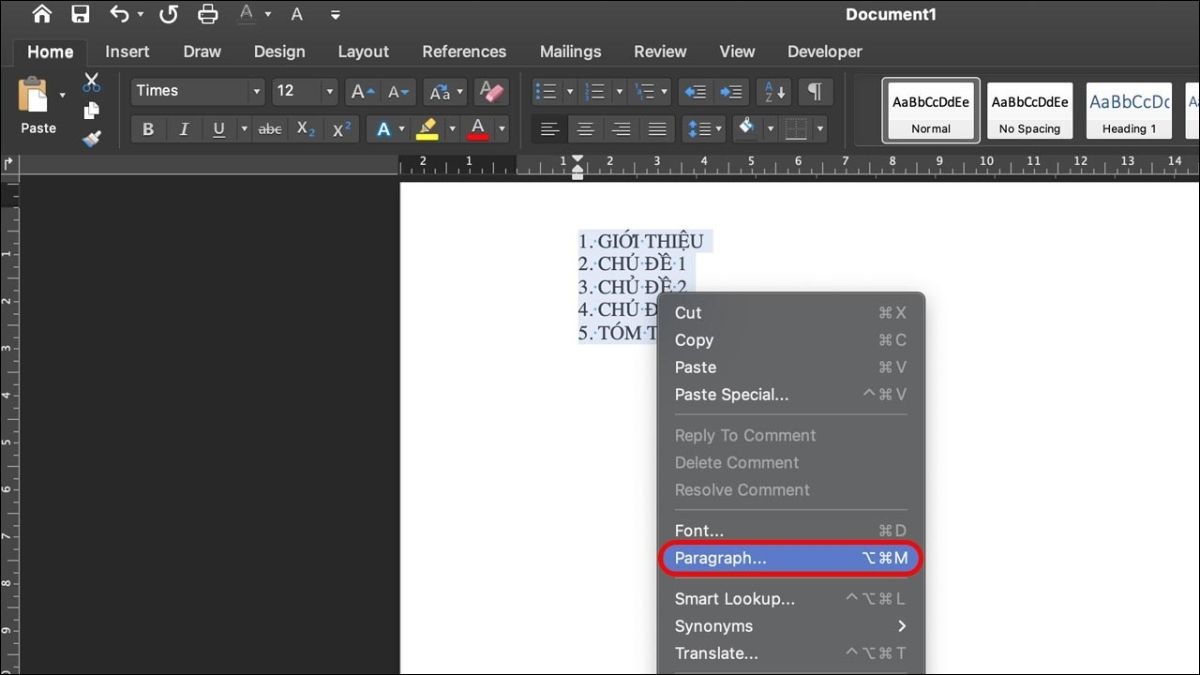 Bôi đen đoạn văn bản chứa tab rồi mở hộp thoại Paragraph.