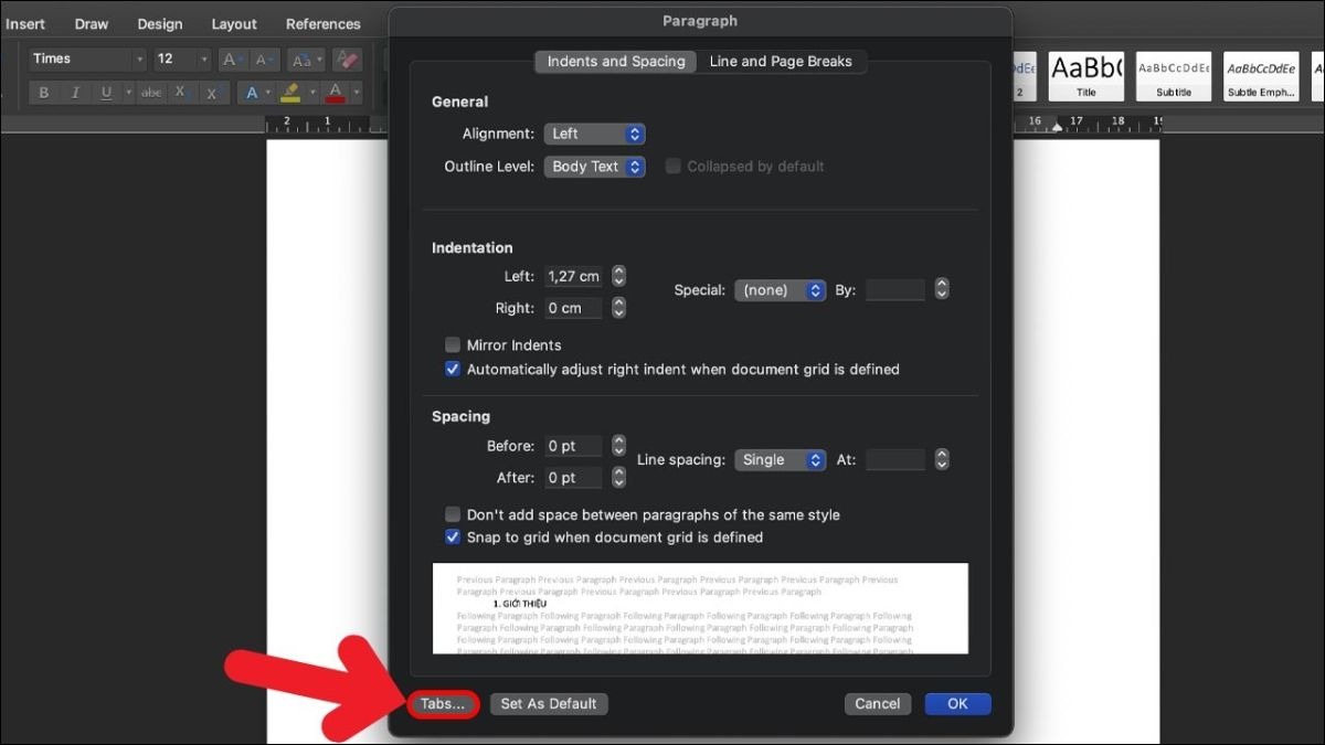 Chọn nút Tabs…