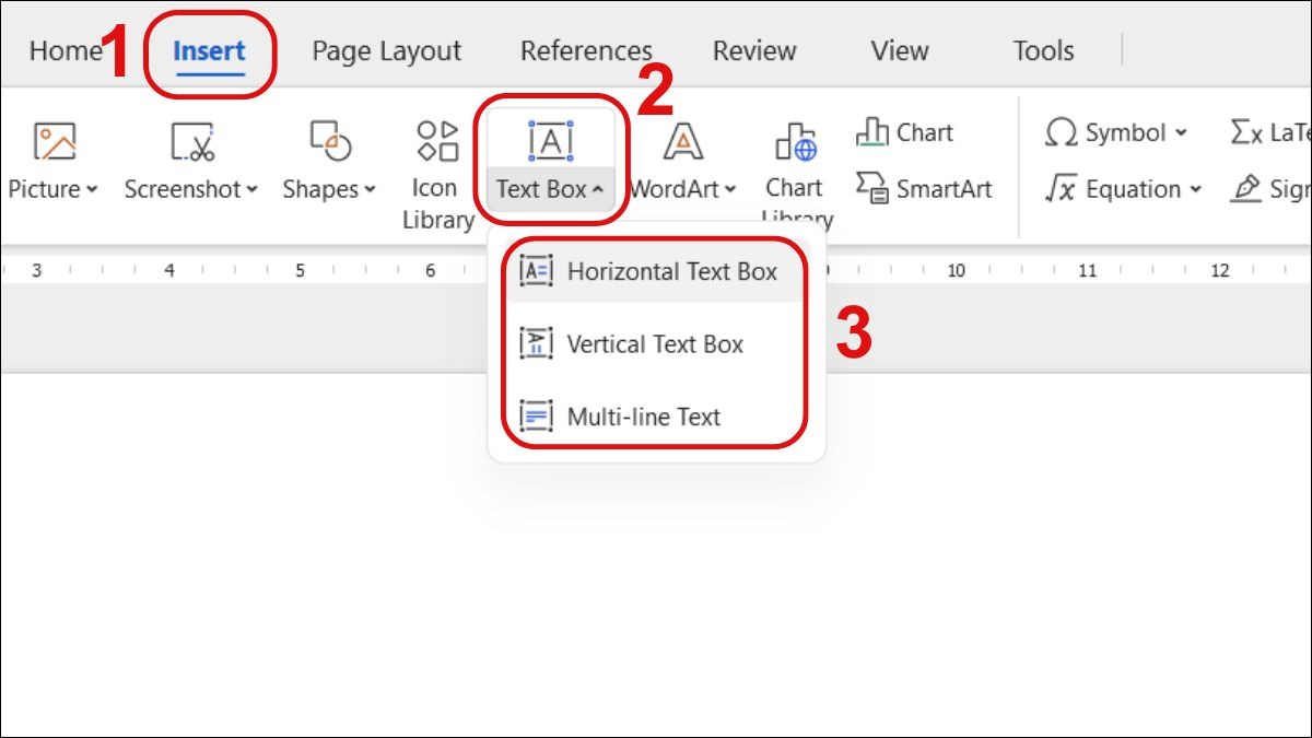 Mở Word và chọn Insert, sau đó chọn Text Box và kiểu Text Box.