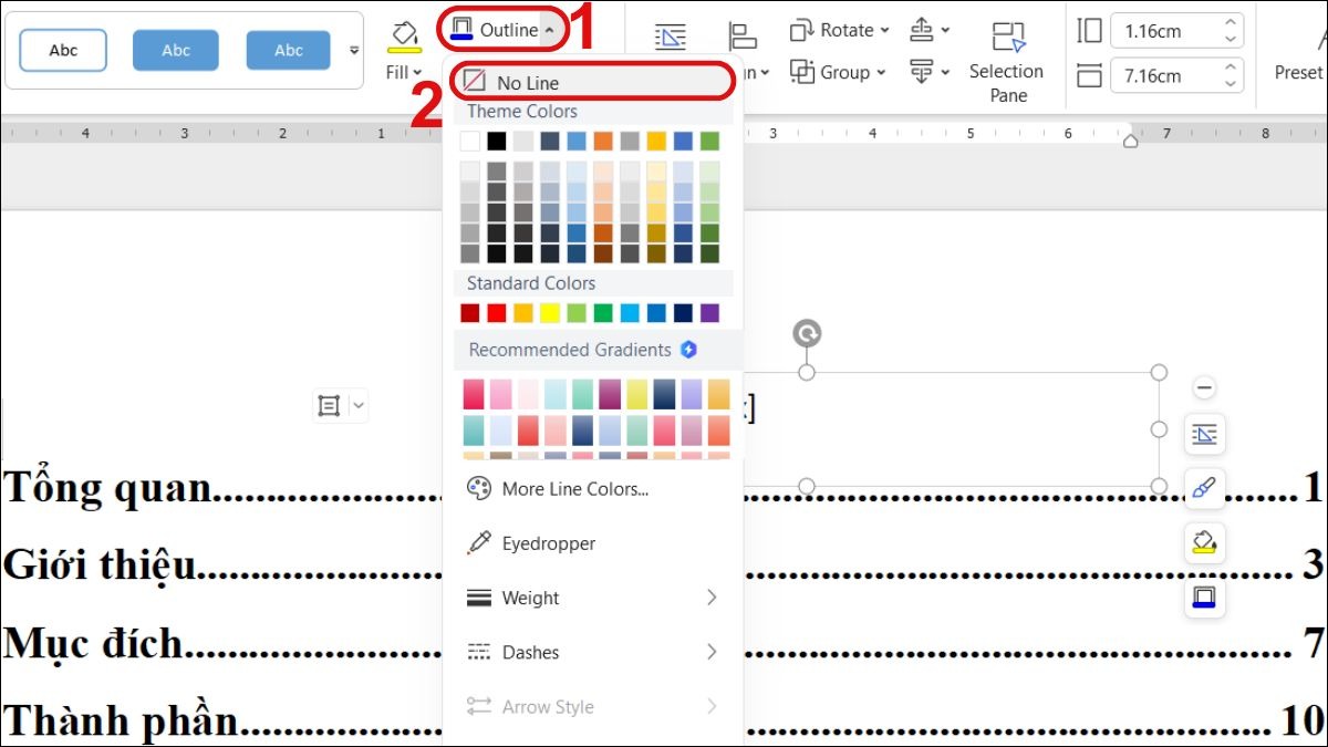 Trong thẻ Shape Format, bạn chọn Shape Outline rồi chọn No Outline hay No Line.