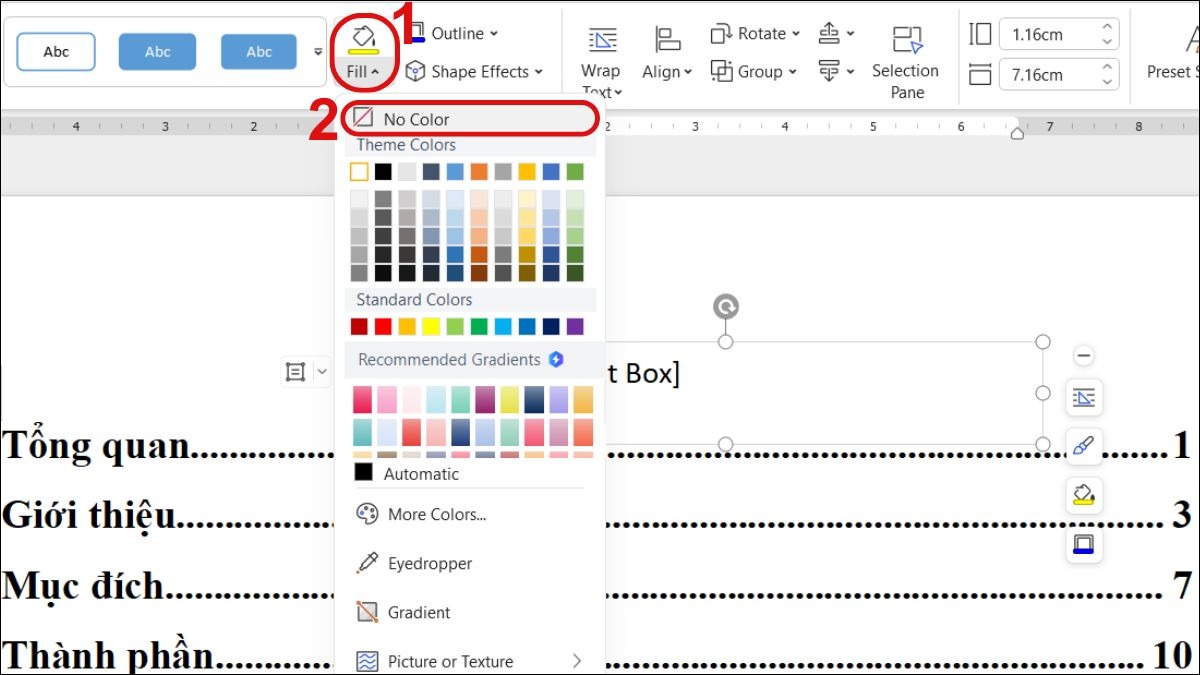 Nhấn Shape Format, chọn Shape Fill rồi chọn No Fill hay No Color.