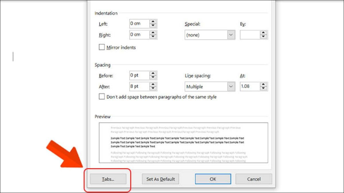 Chọn nút Tabs trong hộp thoại Paragraph.