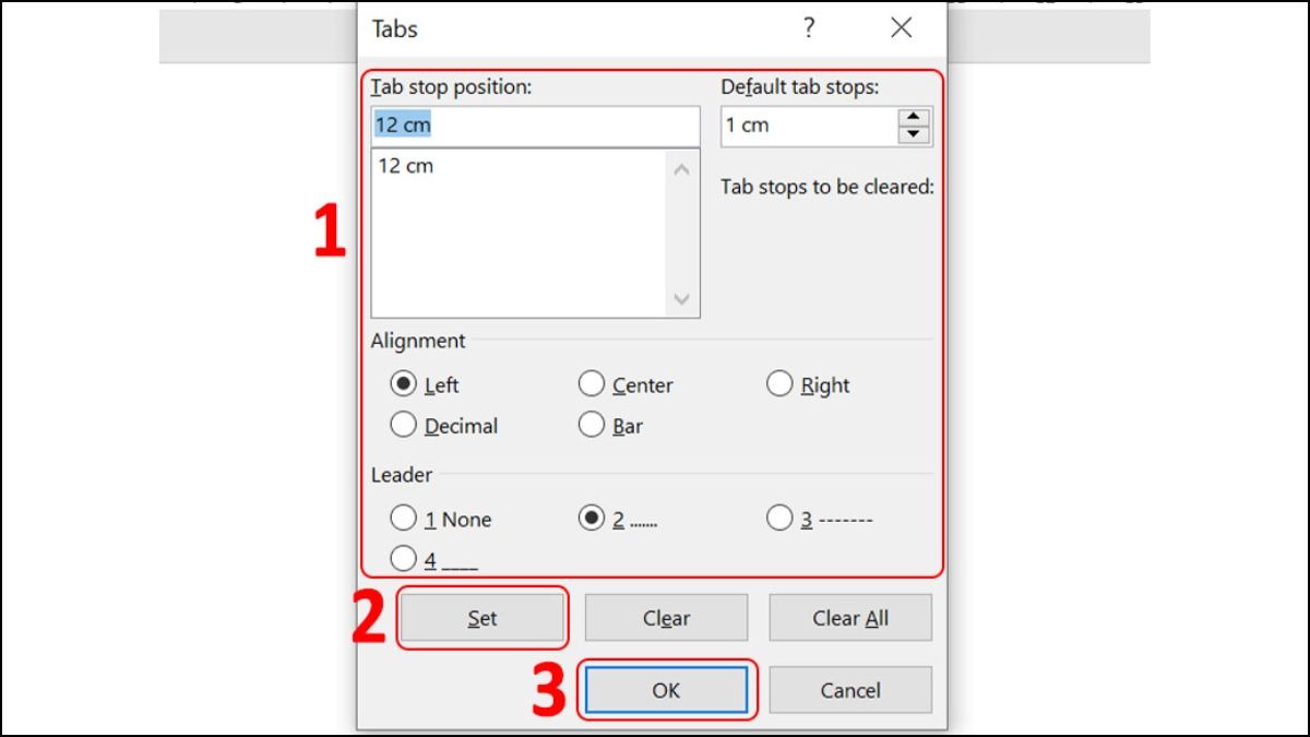 Thiết lập các thông số trong hộp thoại Tabs rồi nhấn nút Set và OK.