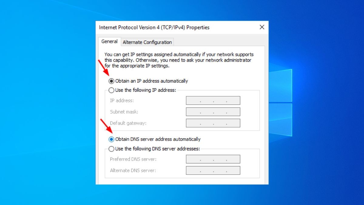 Hãy đảm bảo bạn đã chọn Obtain an IP address automatically và Obtain DNS server address automatically