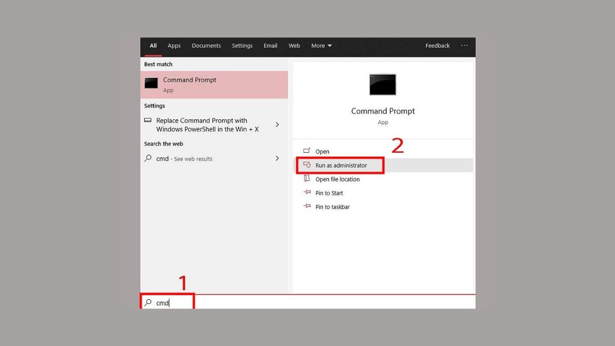 Bạn Gõ cmd vào ô tìm kiếm, nhấn chuột phải vào Command Prompt và chọn Run as administrator
