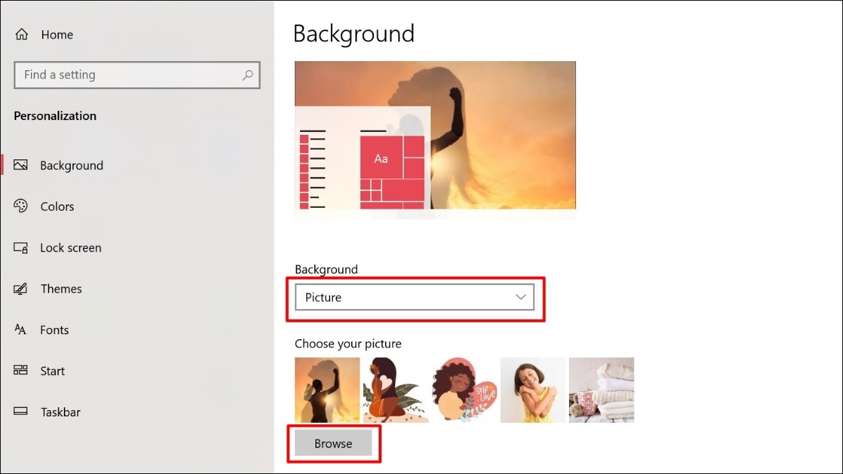 Tại mục Choose your picture, chọn Browse