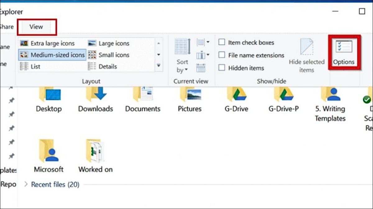 Mở File Explorer và vào View