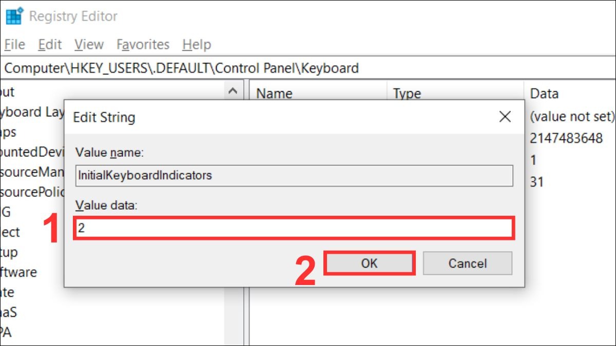 Thay đổi giá trị InitialKeyboardIndicators để thiết lập Numlock.
