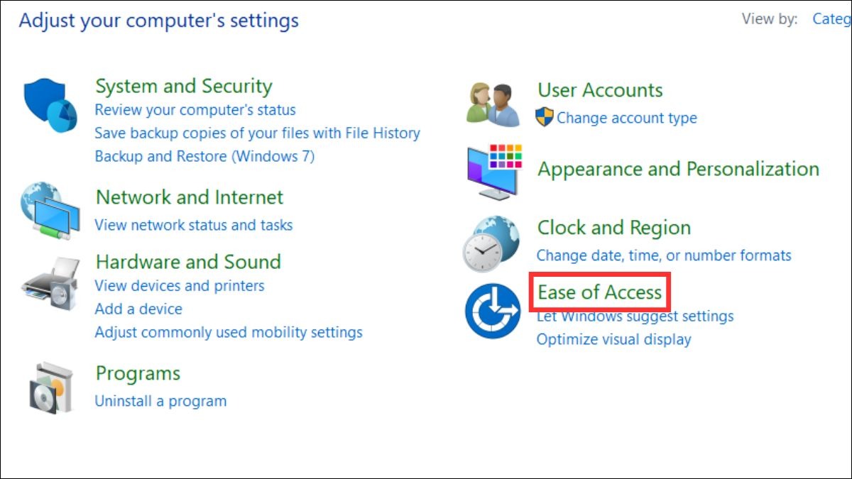 Trong Control Panel, bạn chọn Ease of Access.