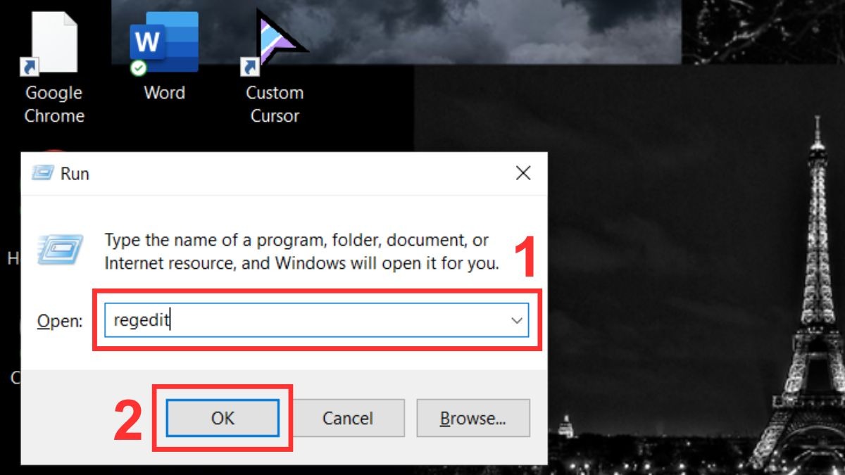 Mở Registry Editor bằng cách nhấn Windows + R, sau đó gõ regedit và nhấn Enter.