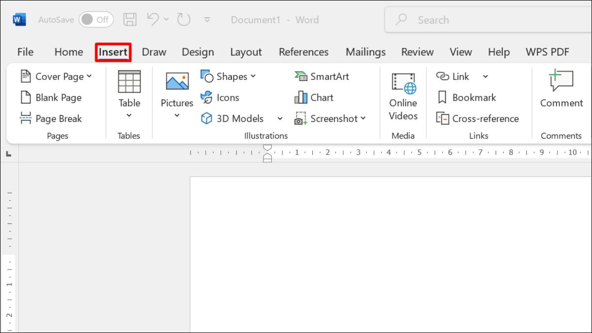 Mở tài liệu Word, trên thanh công cụ, chọn tab Insert