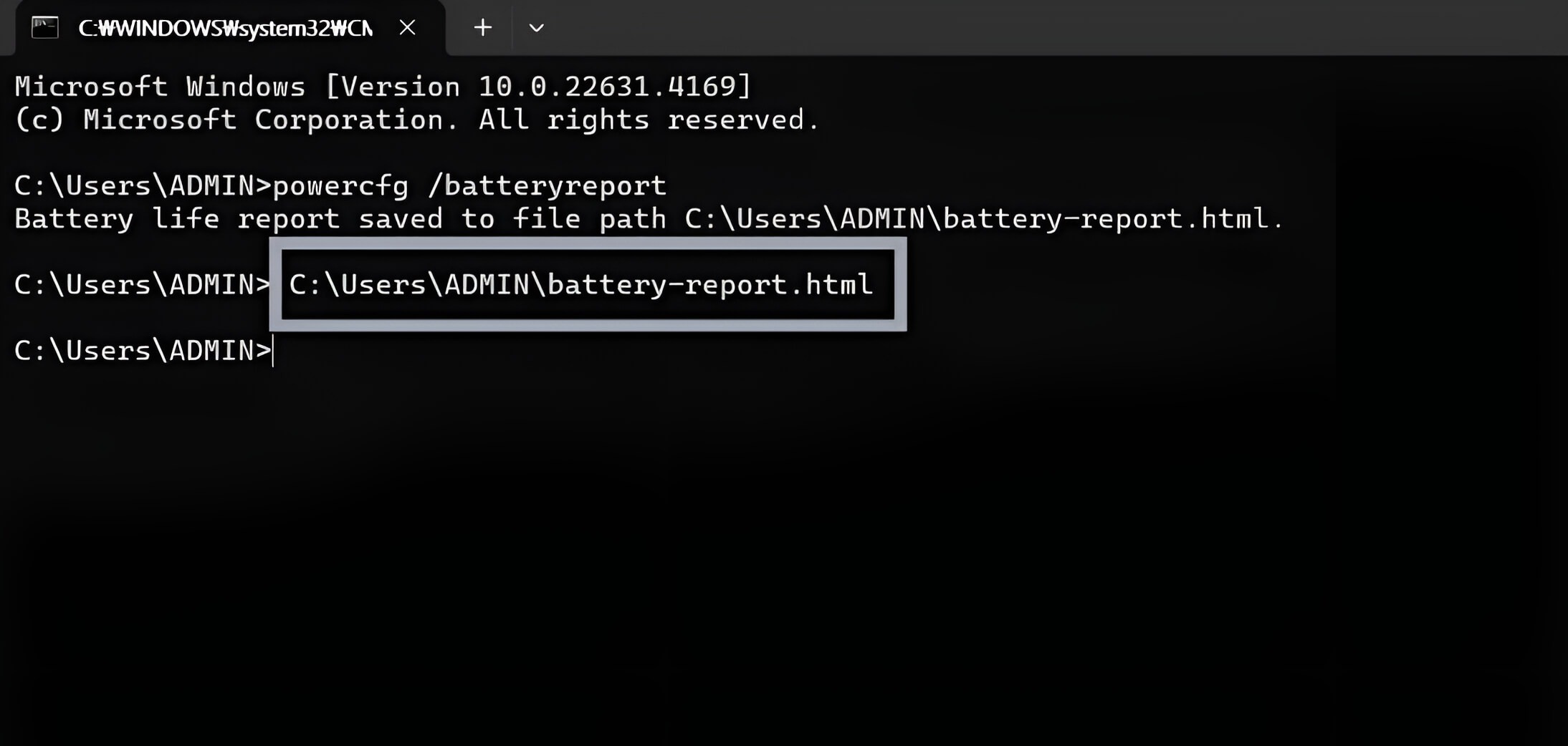 Lệnh kiểm tra pin laptop: gõ lệnh C:\Users\ADMIN\battery-report.html