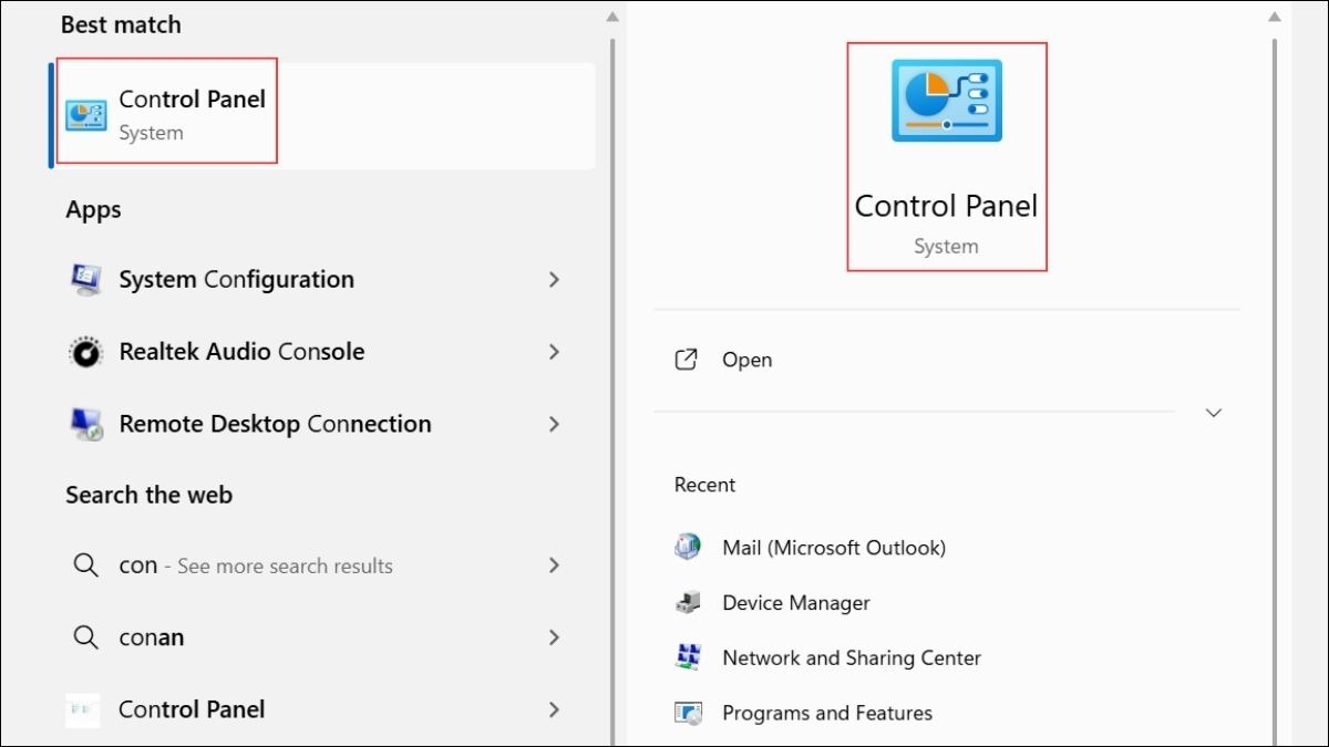Bạn gõ Control Panel vào thanh tìm kiếm trên Taskbar và chọn kết quả tương ứng