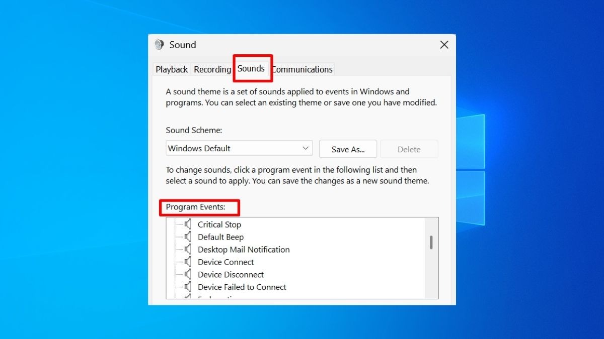 Trong mục Program Events, bạn sẽ thấy một danh sách các sự kiện hệ thống khác nhau có thể phát ra âm thanh