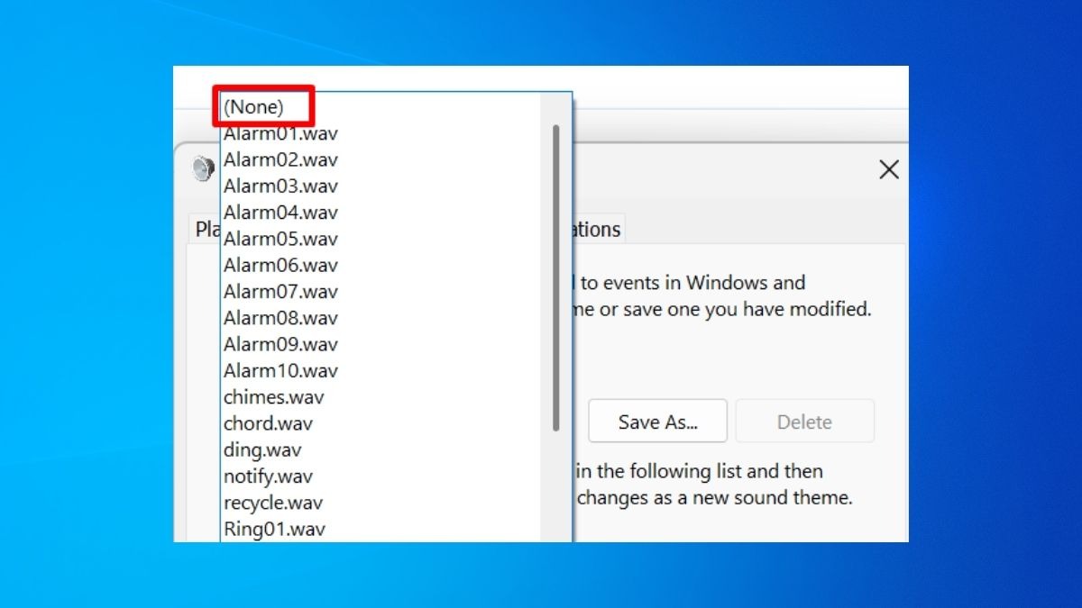 Ở mục Sounds: ngay bên dưới, bạn nhấp vào hộp thả xuống và chọn (None)