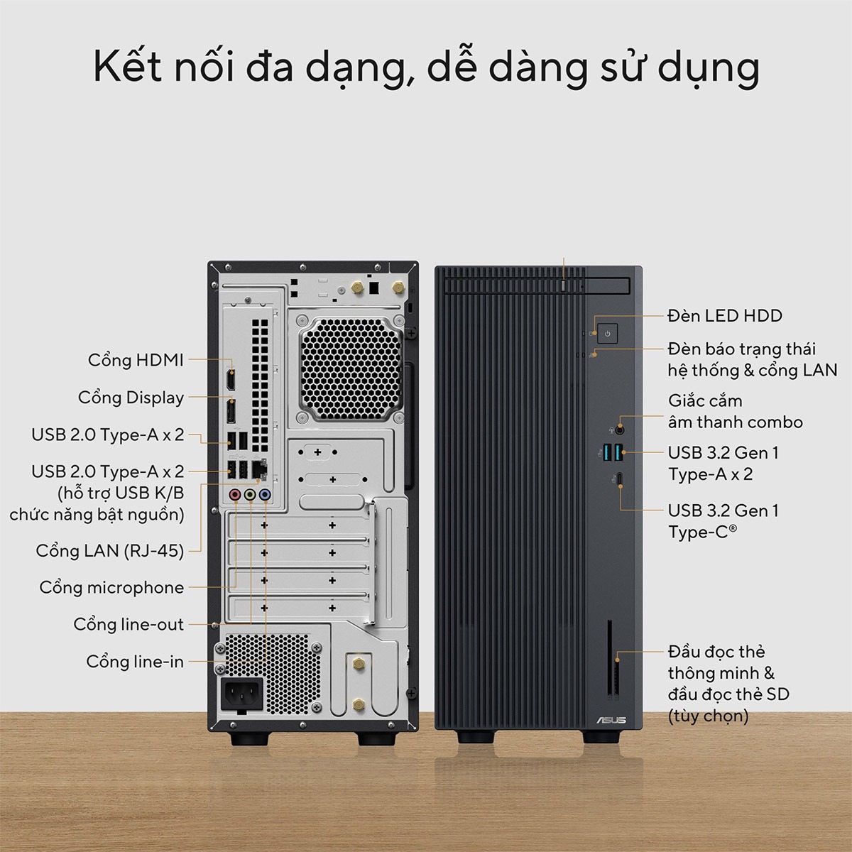 ASUS V500MV được trang bị đa dạng cổng kết nối, hỗ trợ kết nối hàng loạt thiết bị