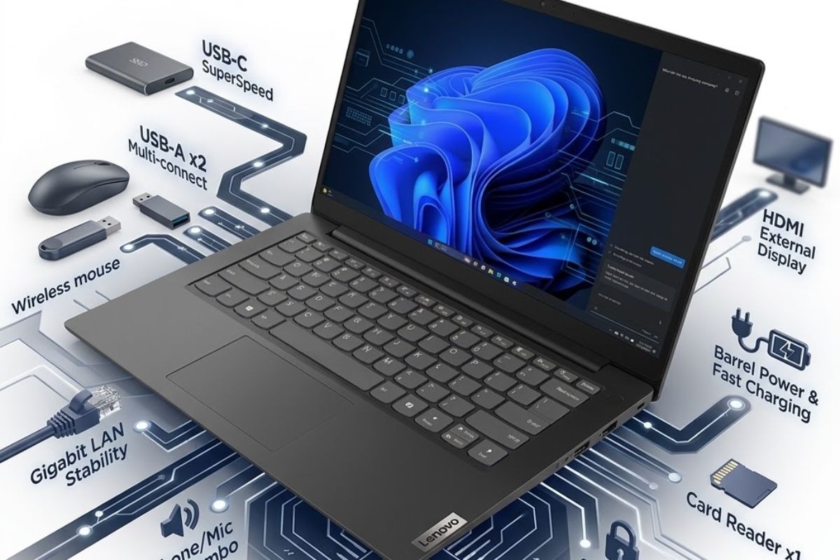 Cổng kết nối đa dạng trên laptop Lenovo V14 G5 IRL 83HD0036VN