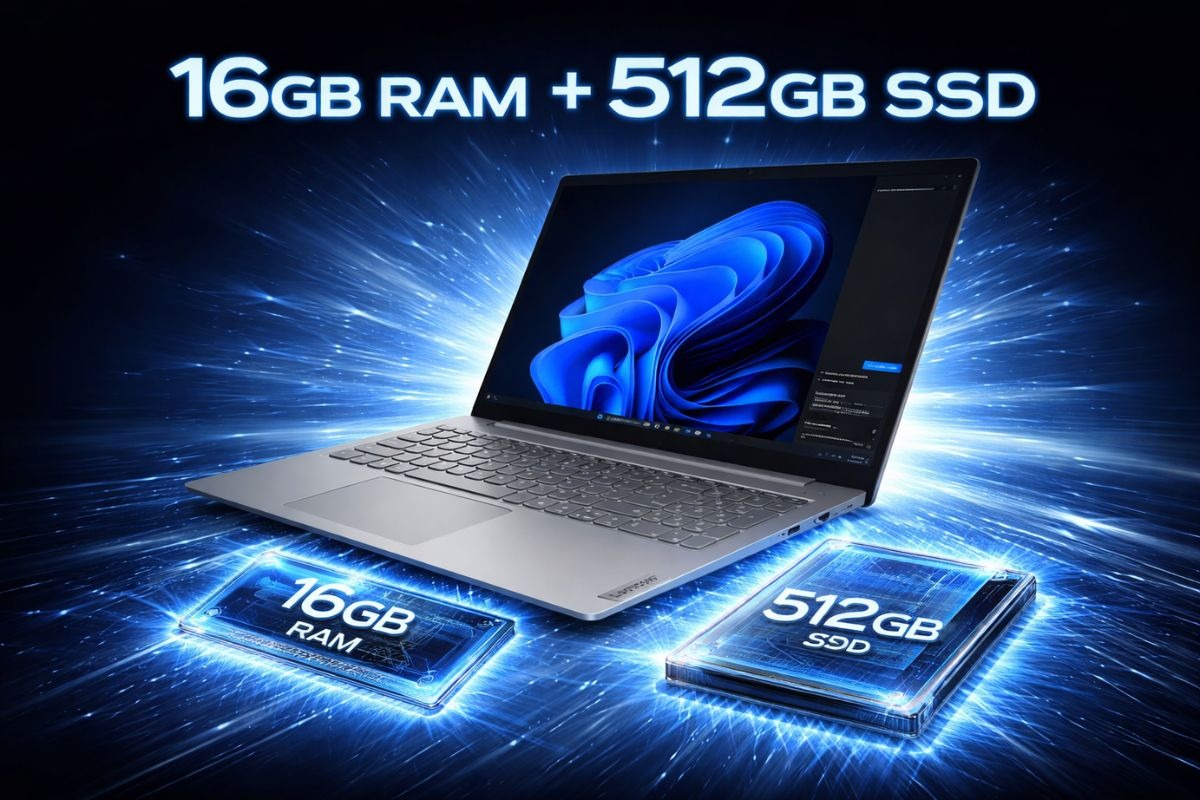Sự kết hợp RAM 16GB và SSD 512GB giúp Lenovo V15 xử lý đa nhiệm, khởi động nhanh chóng và mượt mà