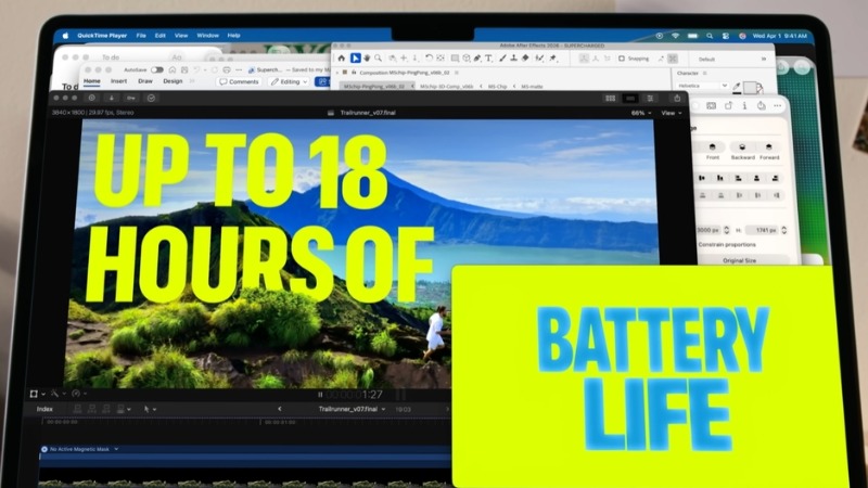 Apple Macbook Air M5 13 inch 2026 MDHH4SA/A trang bị pin 53.8Whrs dùng đến 18 giờ liên tục, hỗ trợ sạc nhanh giúp làm việc trọn ngày dài