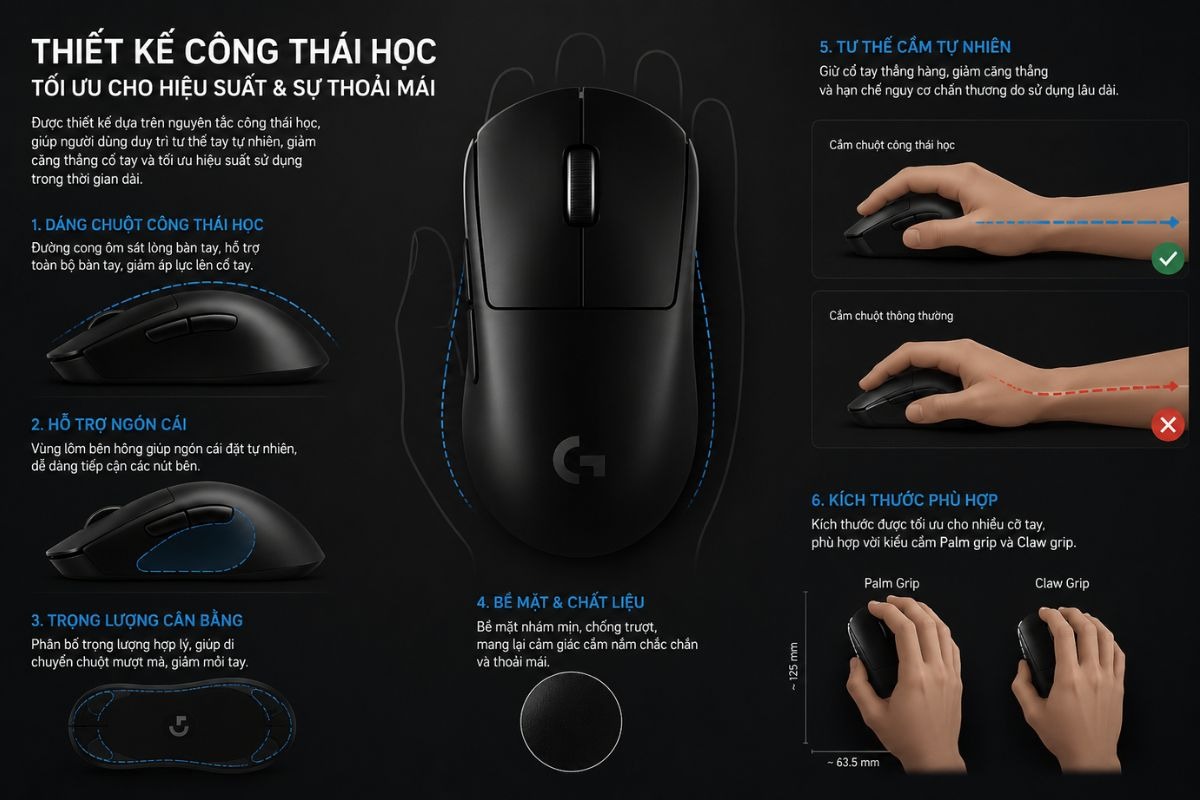 Thiết kế công thái học ôm sát lòng bàn tay đem lại sự thoải mái khi sử dụng