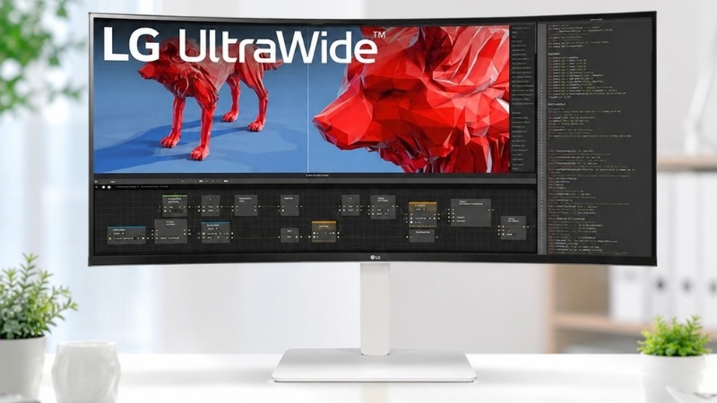Viền LG UltraWide 38WR85QC-W siêu mỏng, mặt lưng có LED Hexagon kèm chân đế công thái học linh hoạt