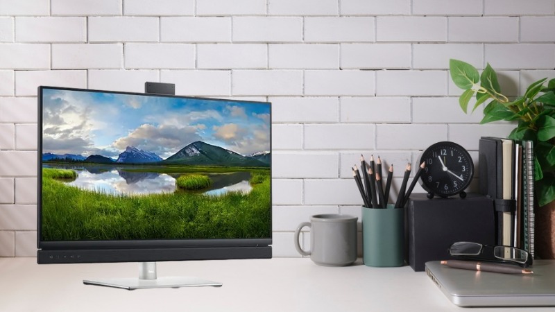 Dell C2722DE tích hợp sẵn webcam 5MP thò thụt, loa kép 5W, micro khử ồn và nút Microsoft Teams tiện lợi