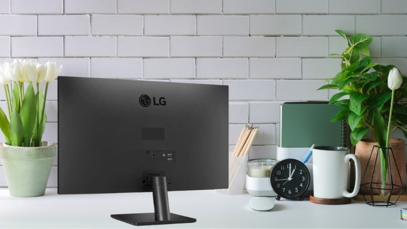 Kiểu dáng LG 27MS500-B ba cạnh viền mỏng, chân đế chắc chắn và hỗ trợ ngàm VESA tiện lợi