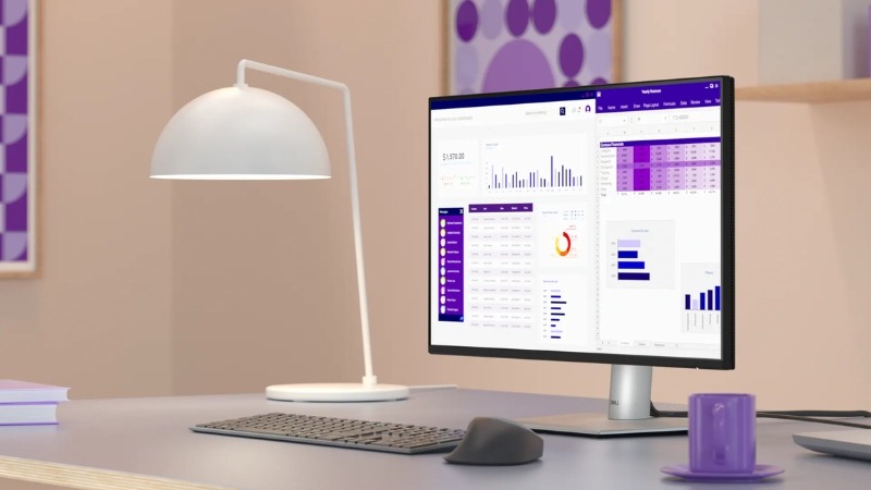 Vẻ ngoài Dell P2725HE tối giản, viền siêu mỏng cùng chân đế xoay linh hoạt, tối ưu không gian