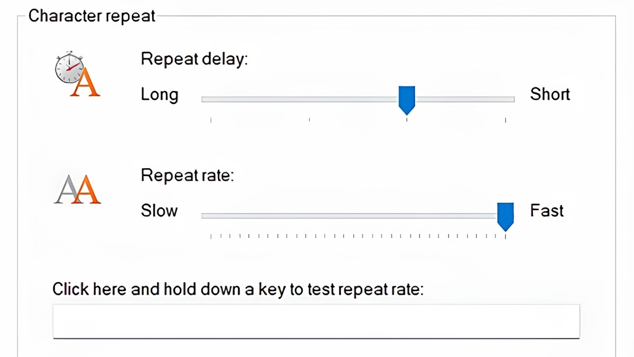 Kéo Repeat delay về phía Short để giảm độ trễ khi nhấn giữ phím