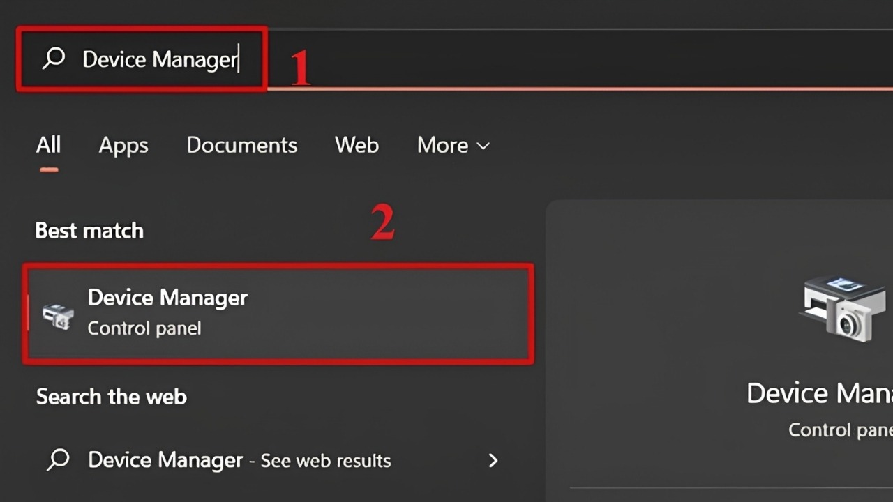 Nhập vào mục tìm kiếm Device Manager
