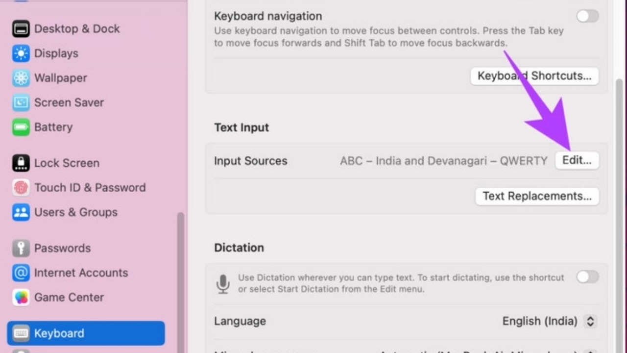 Vào Keyboard và chọn Input Sources