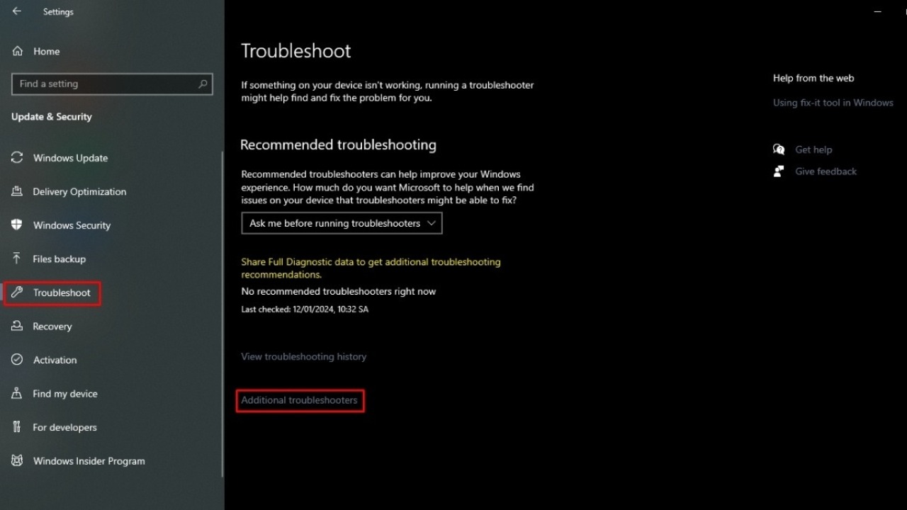 Bàn phím không gõ được ký tự @ # $ ^ & * ( ): Chọn Update & Security > Troubleshoot > Additional Troubleshooters