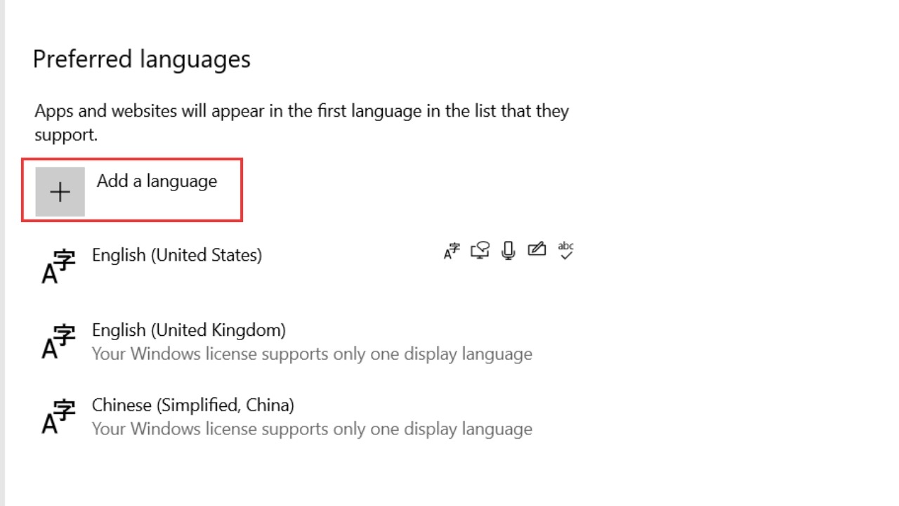 Trong mục Preferred languages, nhấn Add a language