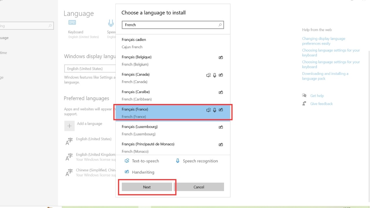 Chọn French (France) rồi nhấn Next