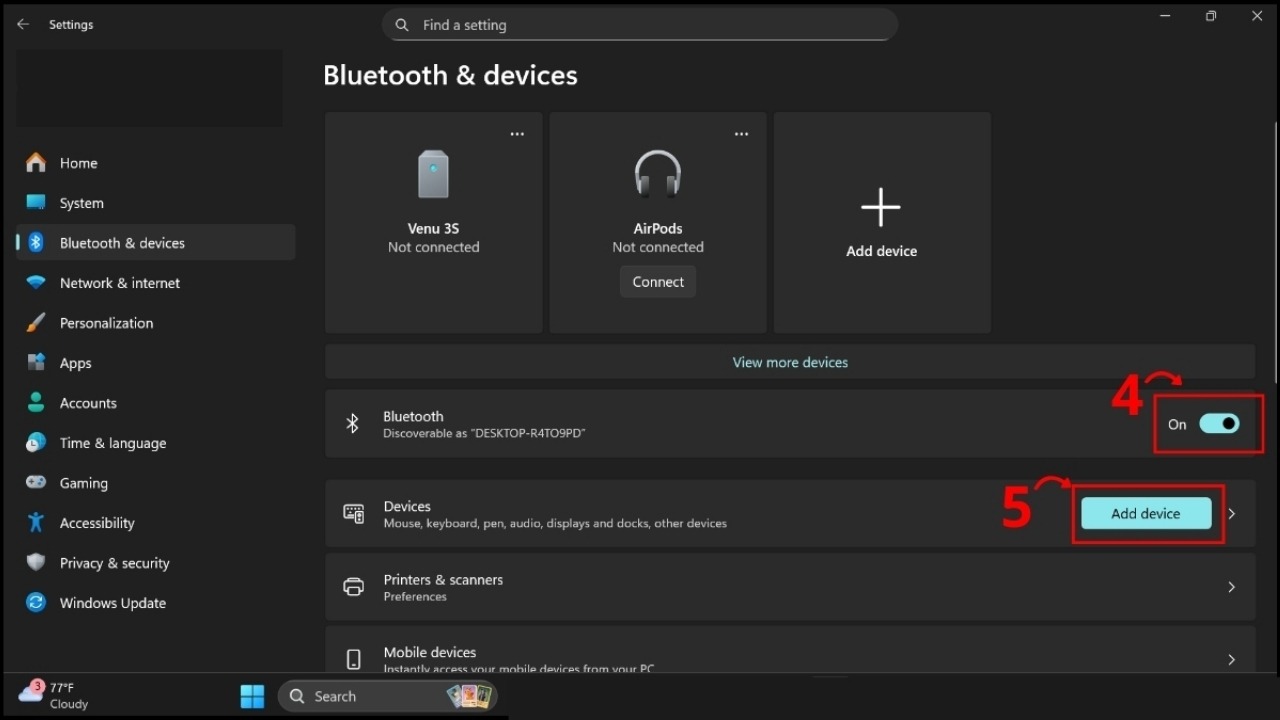 Gạt nút sang phải để bật Bluetooth và nhấn Add Bluetooth or other device