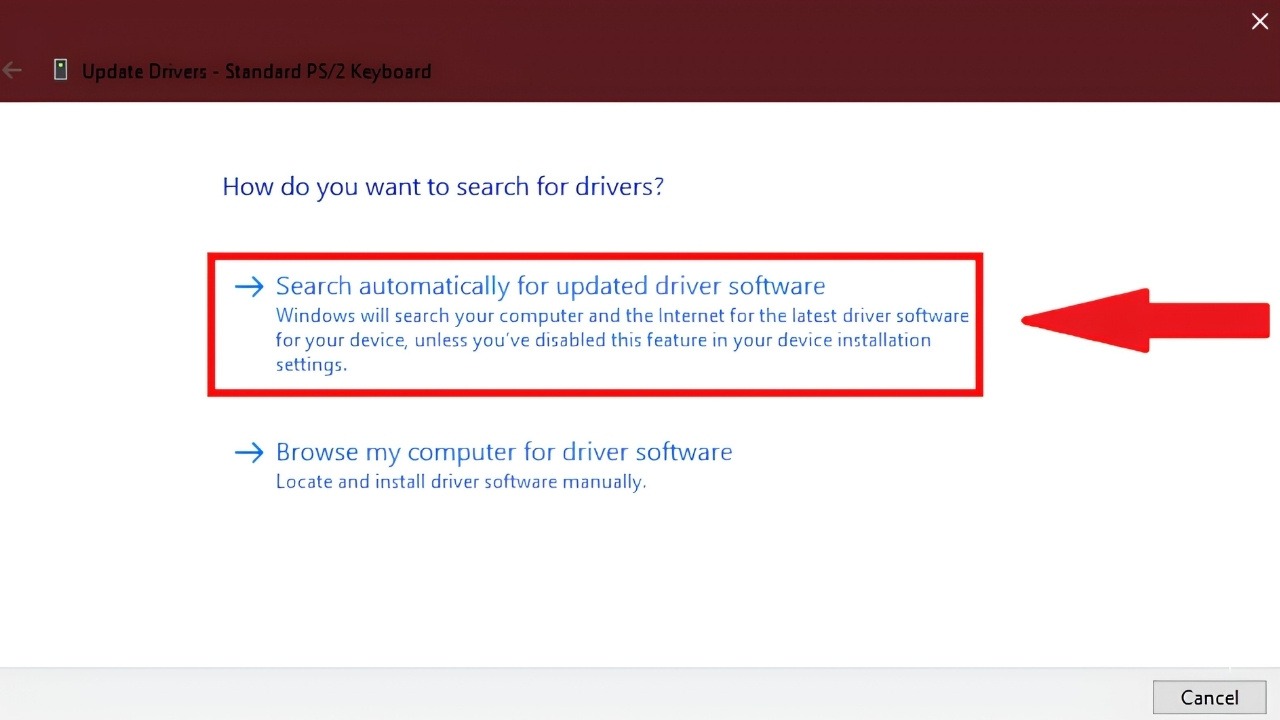 Bàn phím laptop không lên đèn: Chọn Search automatically for drivers để Windows tự động tìm và cập nhật driver mới
