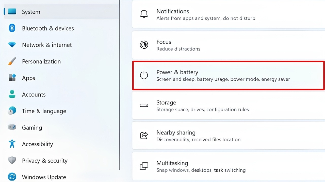Bàn phím laptop không lên đèn: Chọn System và chọn Power & battery