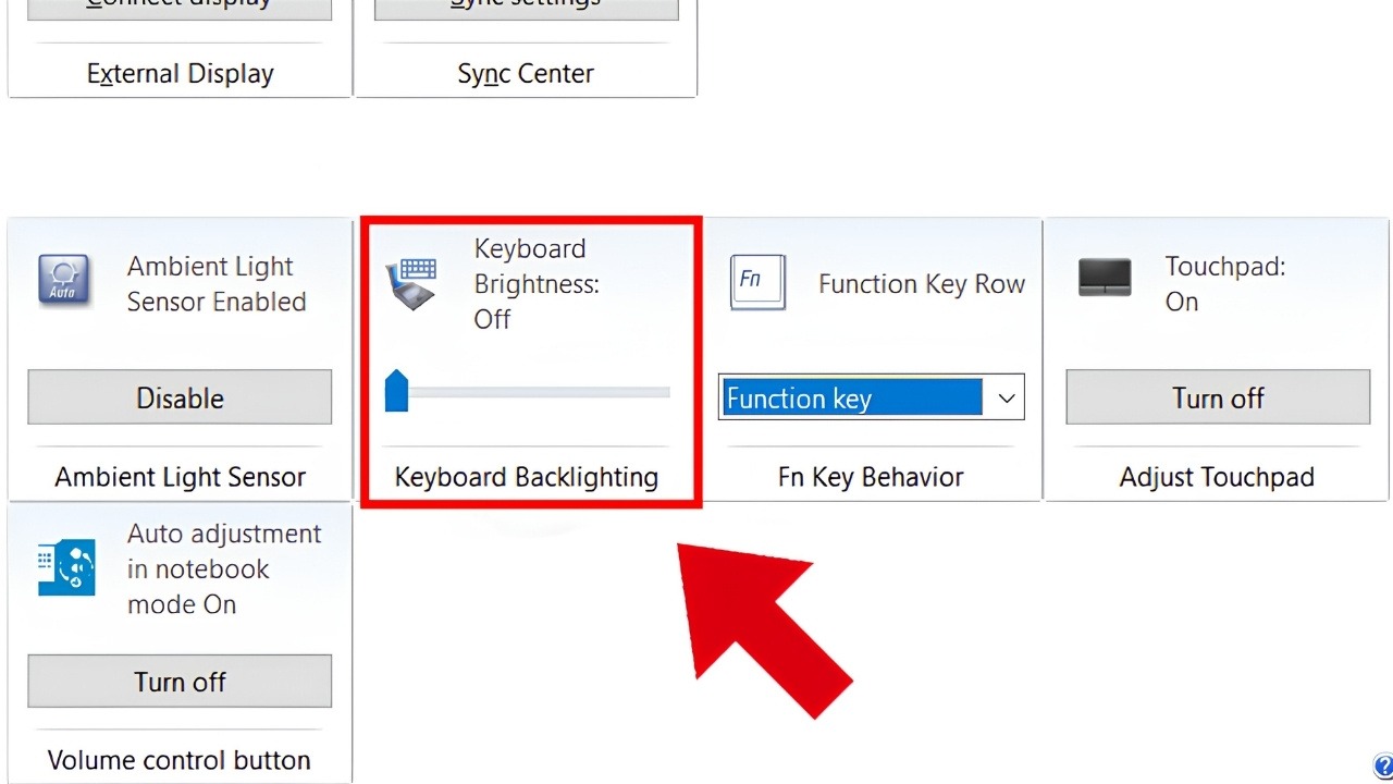 Bàn phím laptop không lên đèn: Tìm mục liên quan đến Keyboard backlighting hoặc Keyboard brightness