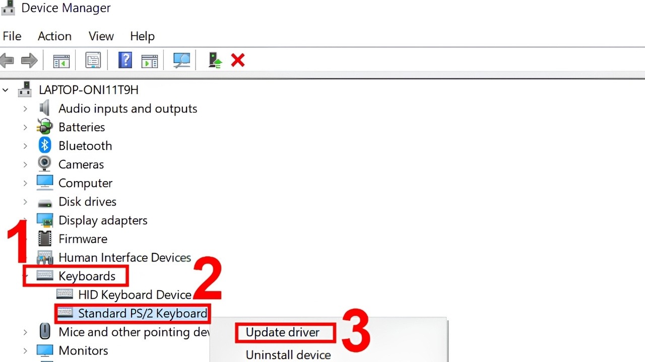 Bàn phím laptop không lên đèn: Nhấn chuột phải vào Standard PS/2 Keyboard rồi chọn Update driver