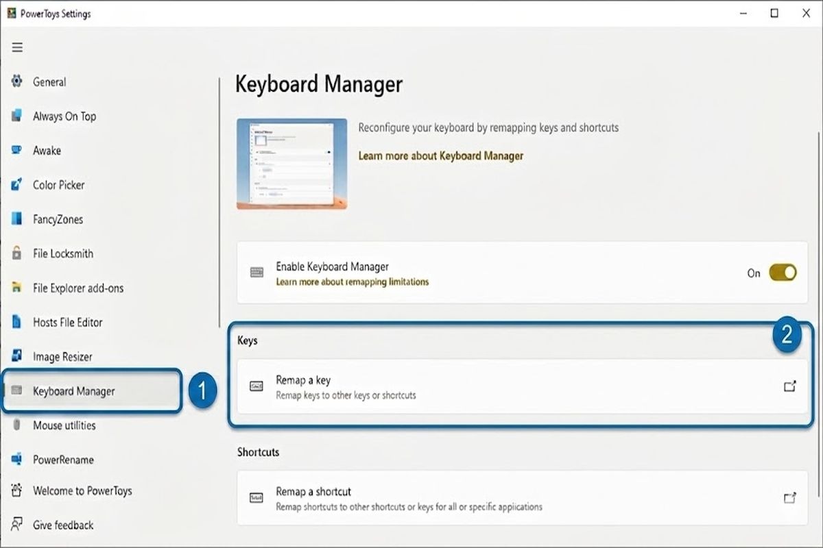 Chọn Keyboard Manager ở thanh menu bên trái
