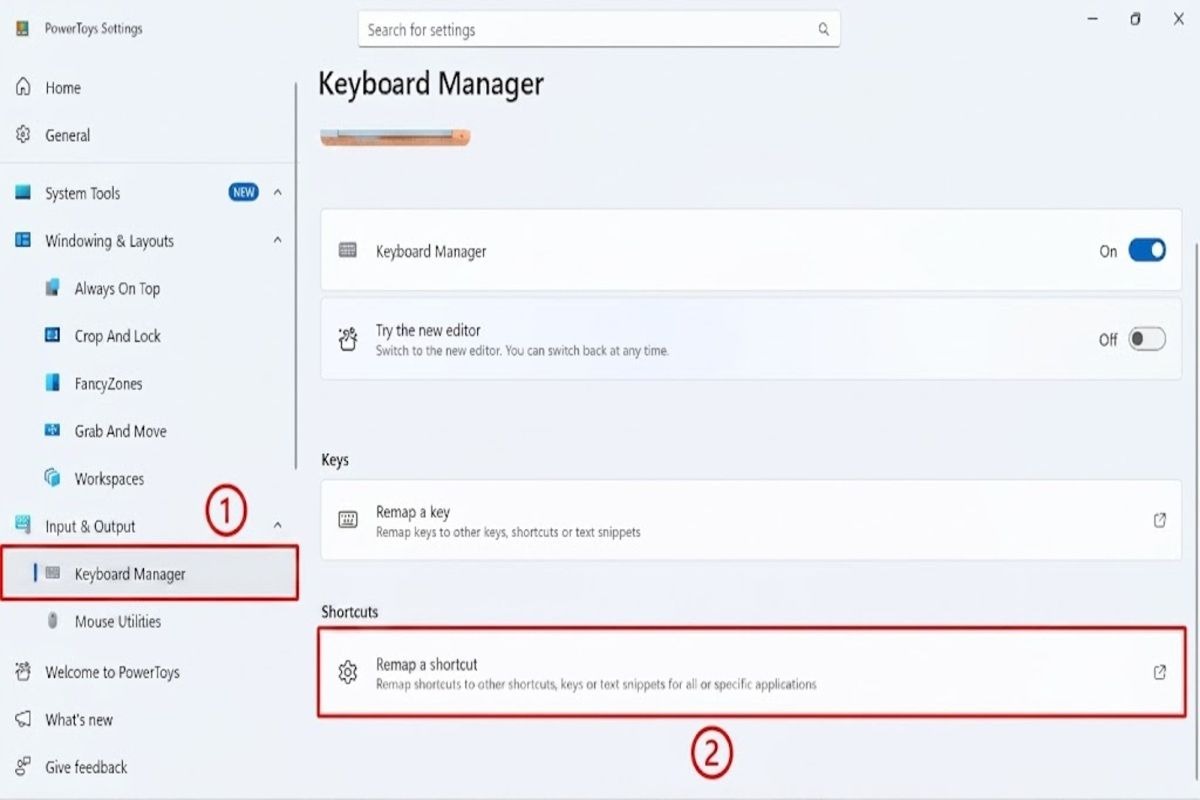 Chọn Keyboard Manager từ thanh menu bên trái
