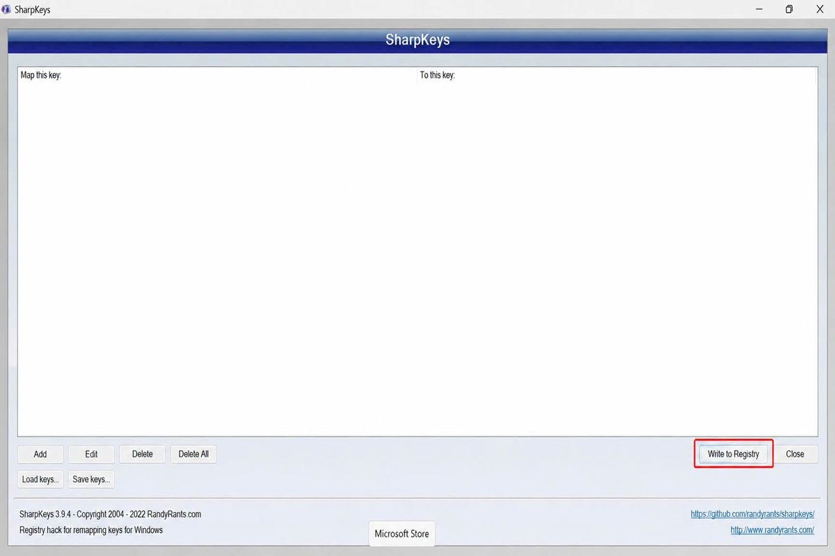 nhấn Write to Registry để SharpKeys lưu các thay đổi vào Registry của Windows