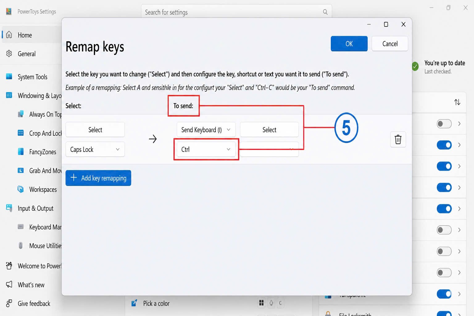 Chọn phím hoặc chức năng mà bạn muốn thay thế trong cột To Send