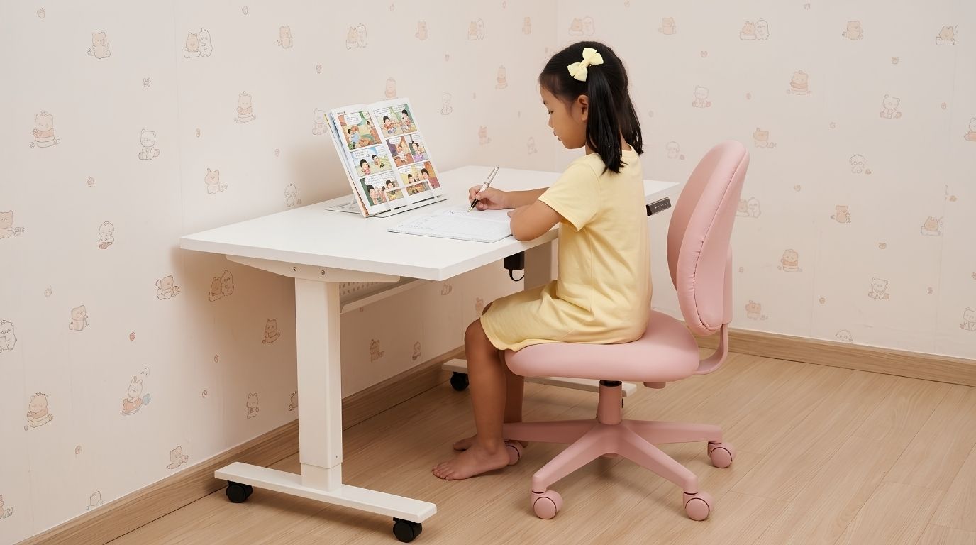 Tư thế ngồi học chuẩn tỷ lệ vàng của bé gái bên bàn học nâng hạ cho bé lớp một Tư thế ngồi học chuẩn tỷ lệ vàng của bé gái bên bàn học nâng hạ cho bé lớp một